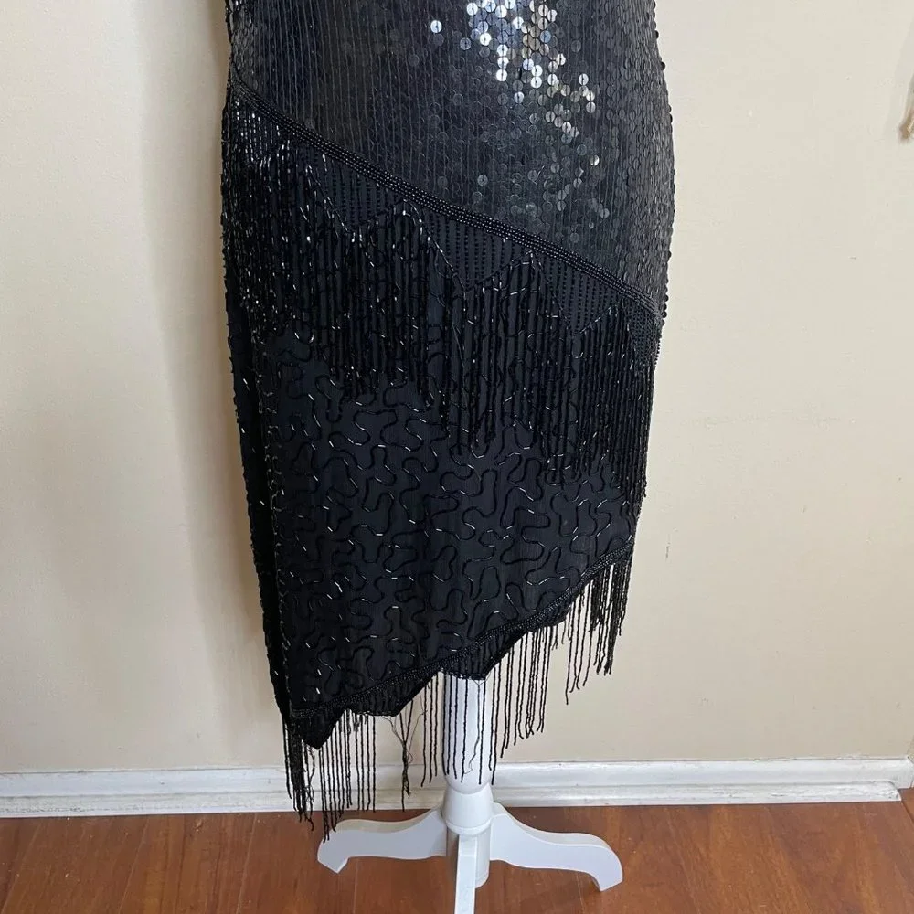Vintage SCALA 80s Silk Gatsby Cocktail Asymmetric Sequins Beaded Dress Black M - Picture 6 of 12